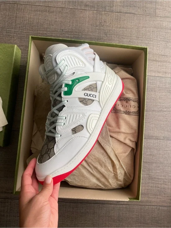 Gucci White Leather & Green Accent Low-Top Sneaker with Red Sole