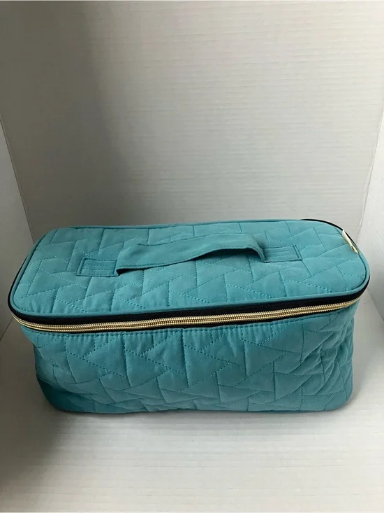 Quilted Teal Cosmetic Travel Case with Gold Zipper Compartments Brush Organizer