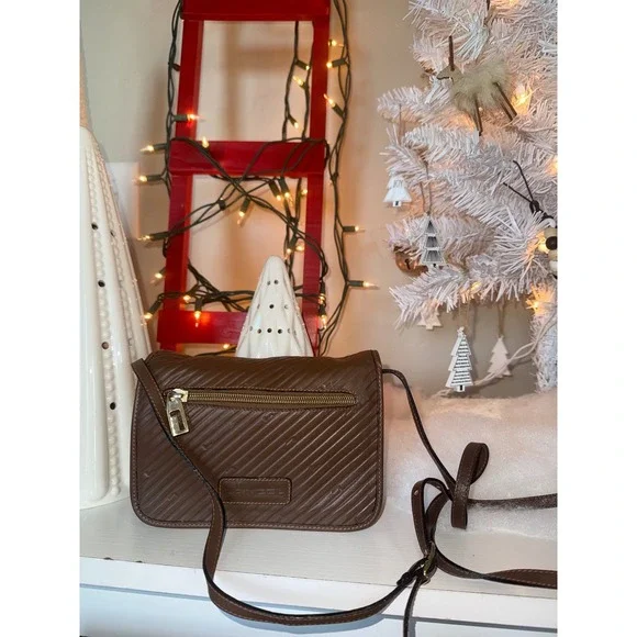 Lancel‎ Brown Embossed Leather Crossbody Bag Gold Tone Hardware Flap Closure