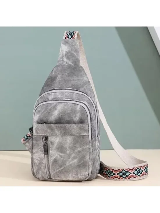 Gray Crossbody Bag with Patterned Strap NEW