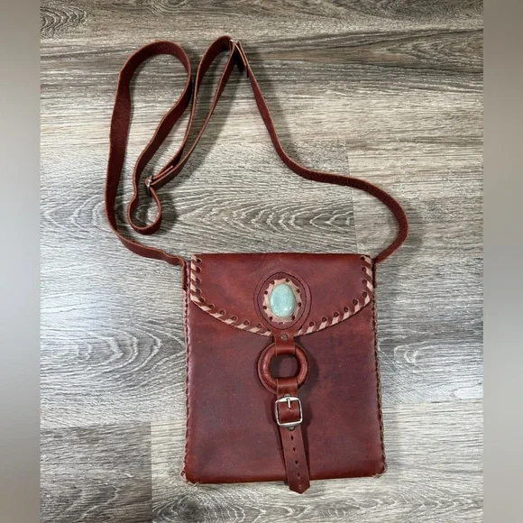 Handmade Messenger Bag‎ Genuine Leather with Jade Stone Artisan w/Adjust. Straps