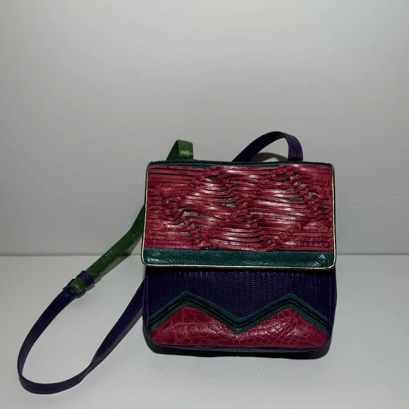 Sharif Crossbody Multicolor Genuine Exotic Animal Skin Snap‎ Bag Woven Vintage