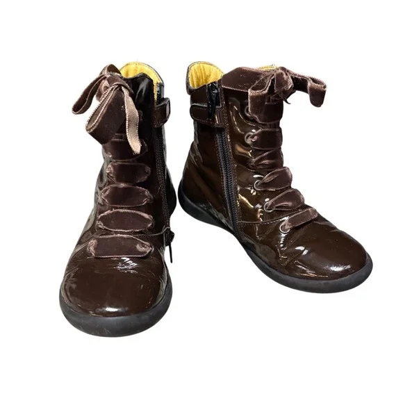 Mod8 Patent Leather Boots Kids Size 30 Brown‎ Good Velvet Ribbon Lace Zip Combat