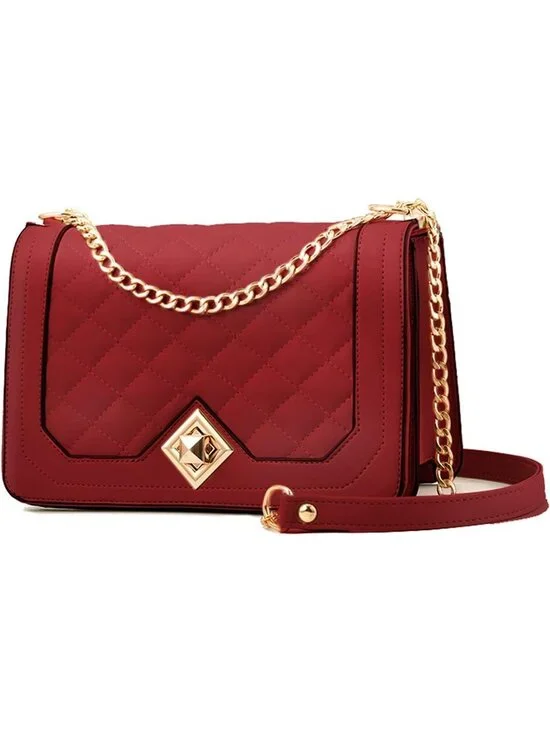 Women's Wine Red Quilted Small Pu Leather Shoulder Purse Chain Crossbody Bag