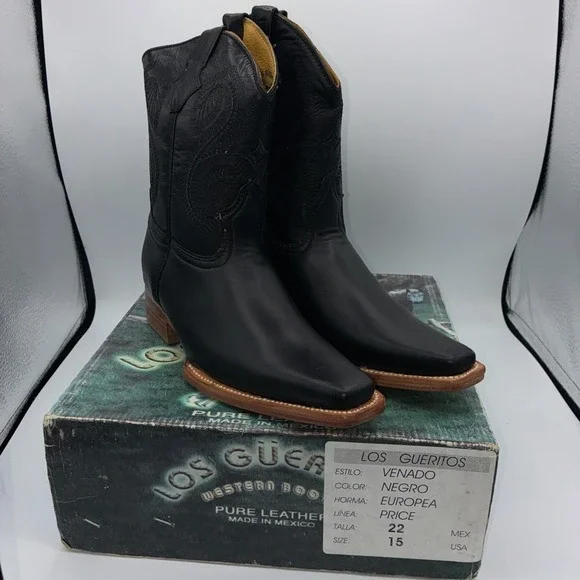 Los Gueritos Western Boots Kids Size 2.5 Black Leather Cowboy NEW
