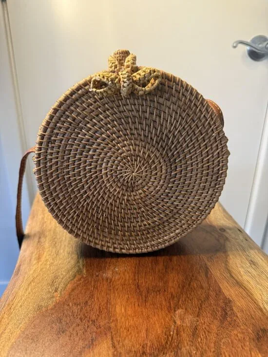 Round Rattan Straw Crossbody Bag