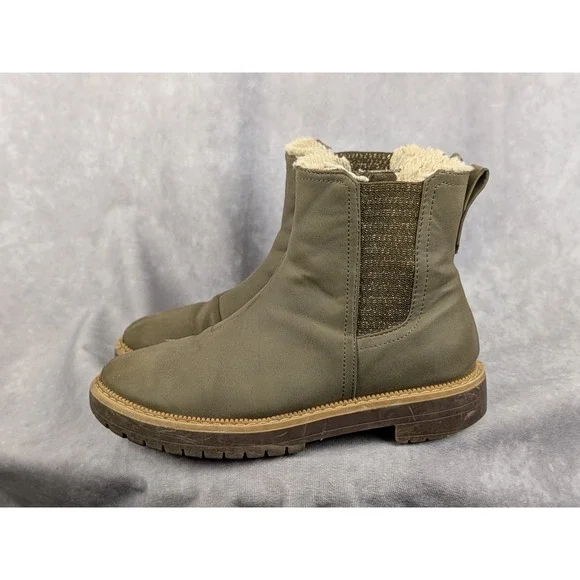 Toms Kids Olive Green Faux Fur Lined Chelsea‎ Boots Side Zip Size 3