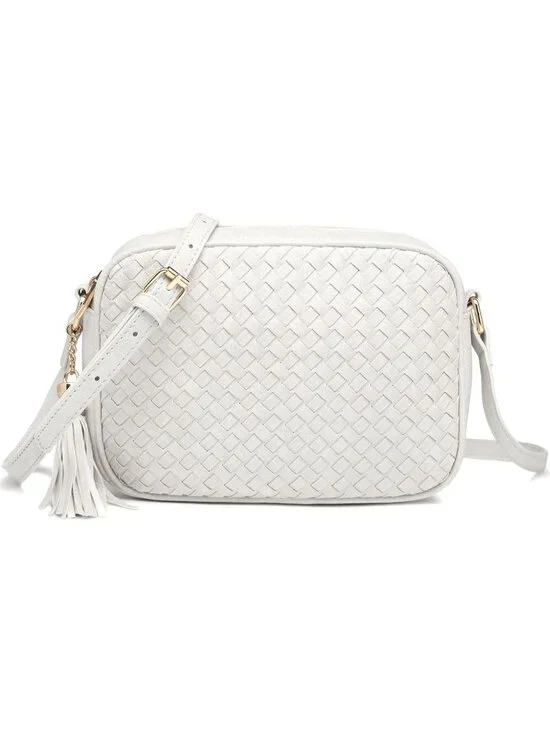 Women's White Woven Small Boho Purse Vegan Zipper Leather Crossbody Bag