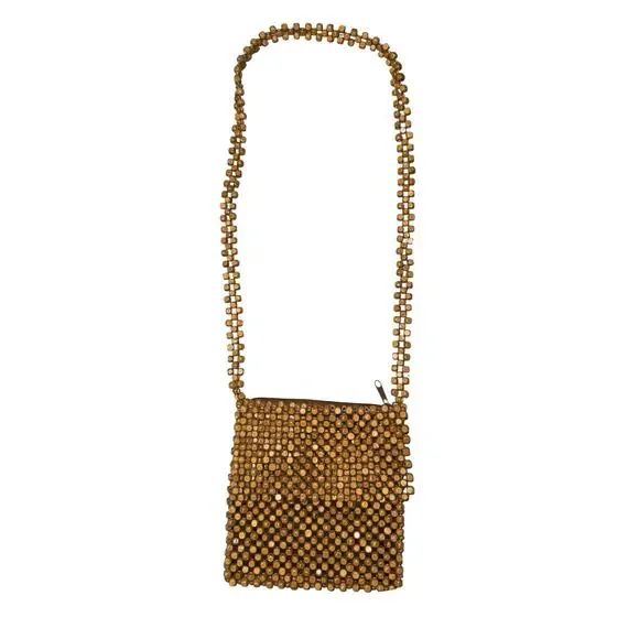 Wooden Beaded Crossbody Bag Purse Boho Hippie Granola Natural Textured‎ 7x7.5