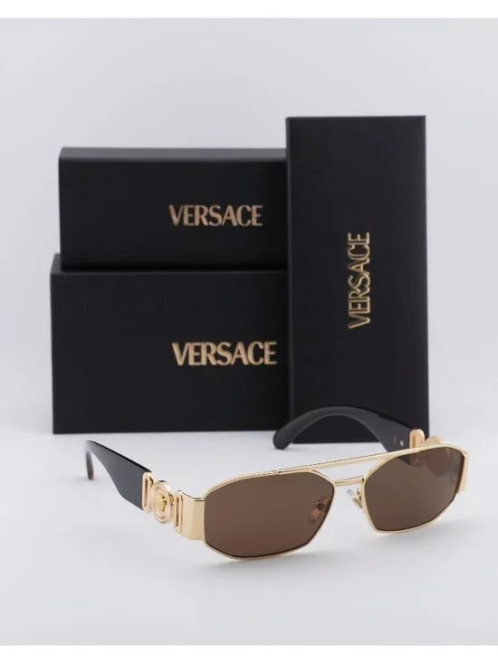 Versace VE2287 100273 Rectangle Sunglasses – Gold / Brown