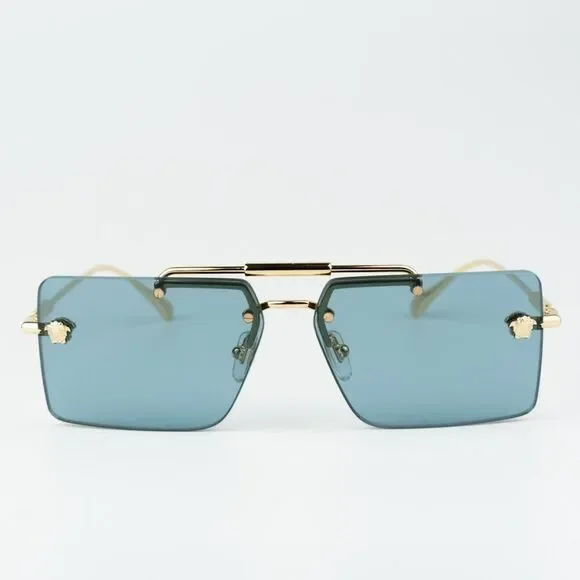NEW Versace VE2245 100280 Gold Blue Rectangle Rimless Metal Unisex Sunglasses