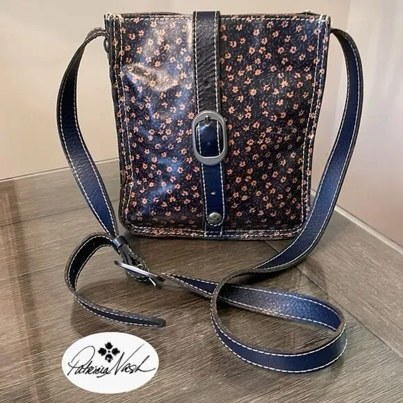 Patrica Nash Venezia Pouch Denim Daises Print, Navy Blue Leather Crossbody