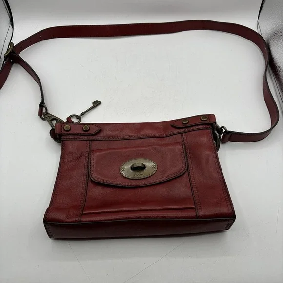 Fossil Maddox Leather Crossbody Bag Purse 90's‎ Y2K Zipper Turn Lock Key Vintage