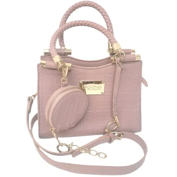 Bebe Los Angeles Blush Pink Embossed Logo Satchel Crossbody Bag Coin Purse