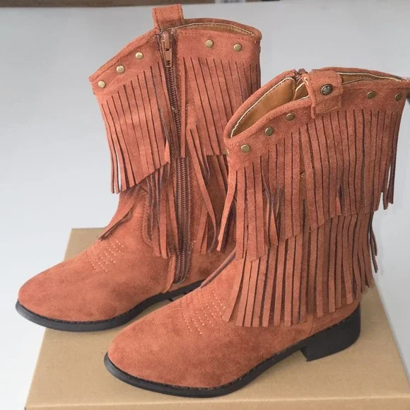 Lucky Brand Kids Cognac Brown Suede Fringe Cowgirl Western Boots Studded Zip 1