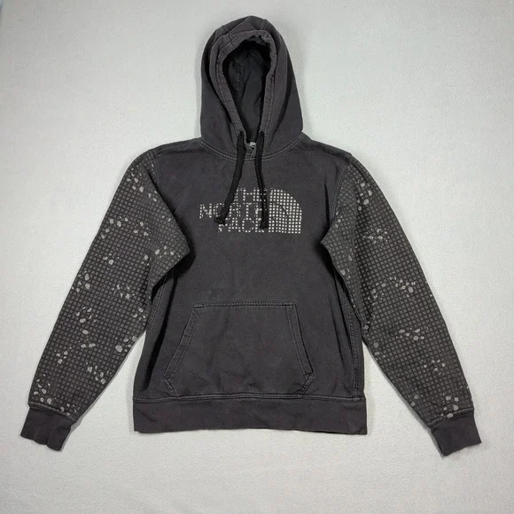 The North Face Hoodie Mens Small Black‎ Grid Logo Splatter Sleeve Pullover