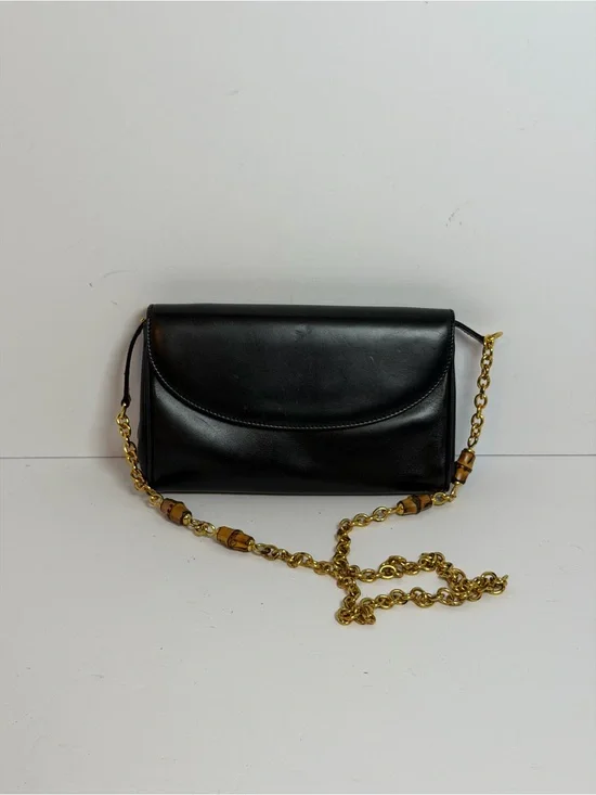 Gucci Vintage Black Leather Chain Shoulder Crossbody Bag with Bamboo Accents