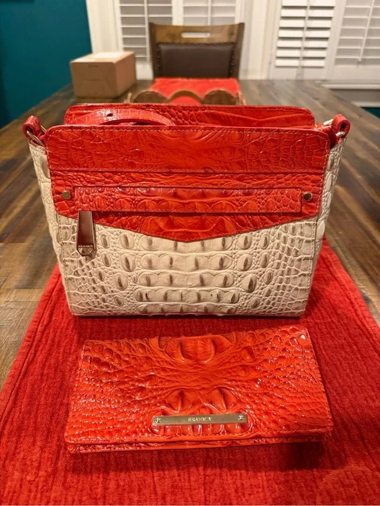 Brahmin Orange and Cream Croc-Embossed Leather Purse and Wallet Set