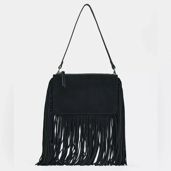 ZARA Leather Fringed Crossbody Bag - Black