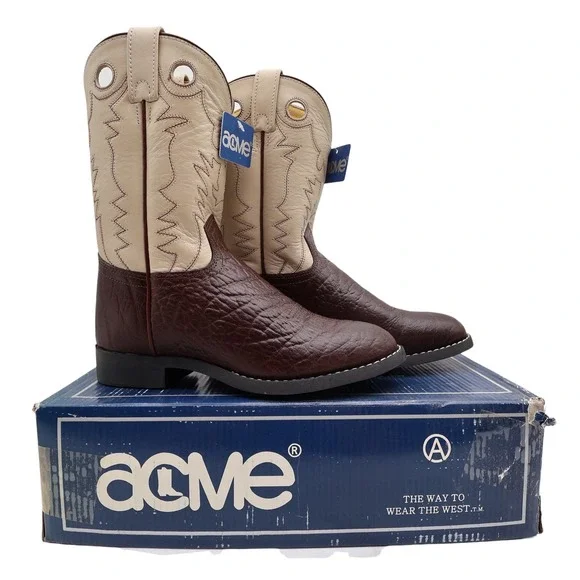 Acme Vintage Style Roper Boots Kids 3.5 Brown Bullhide Leather New NWT