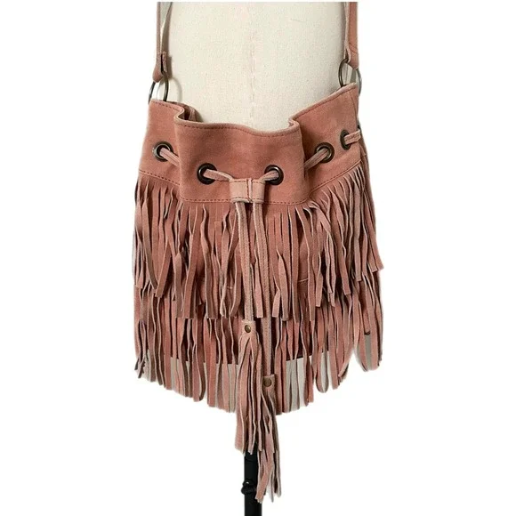 Fringe Suede Crossbody Bag 100% Cow Leather Dusty Pink Mauve Small Tassel Boho