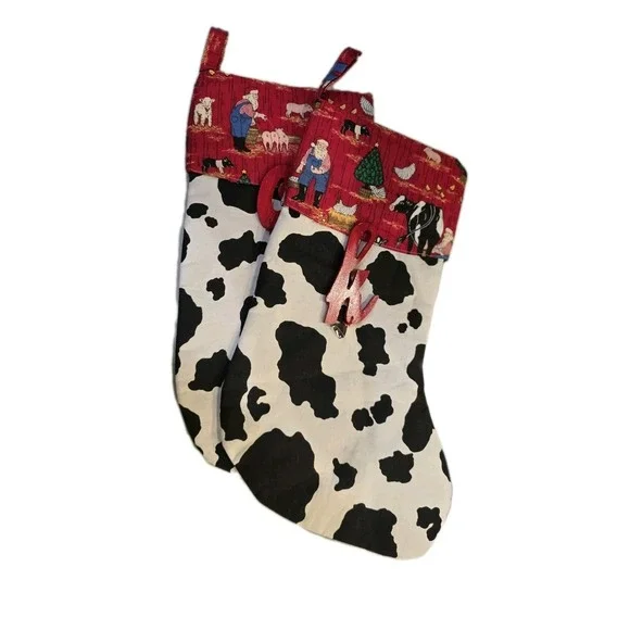Lot Of 2 Christmas stockings black‎ & white cow print farm Animals Farmer Santa