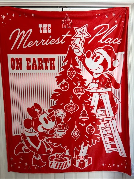 Disney Store Red and White Holiday Throw Blanket featuring Mickey & Minnie
