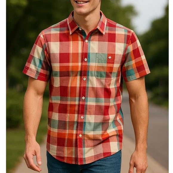 The North Face Mens Medium Red Check Plaid Short Sleeve Button‎ Up Shirt Summer