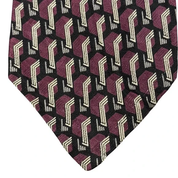 XMI Mens Silk Tie Plum Black Silver Geometric Abstract Handmade USA Italian Silk