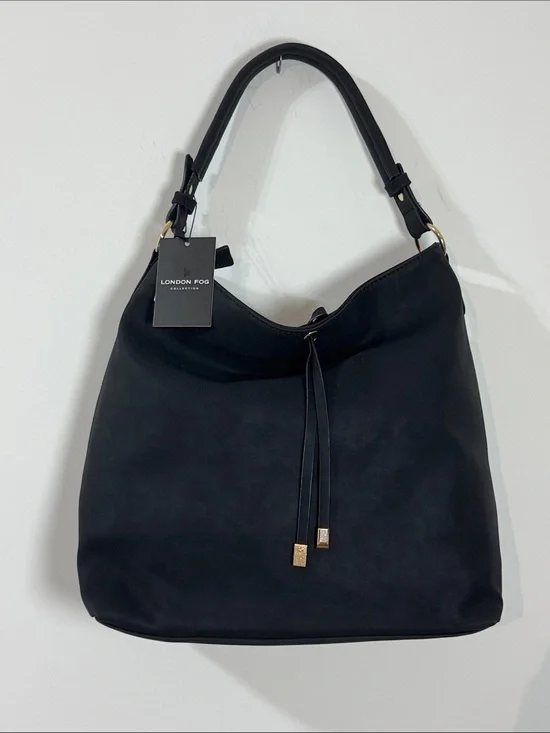 London Fog Elena Black Shoulder Faux Suede Hobo with Braided Trim - Large