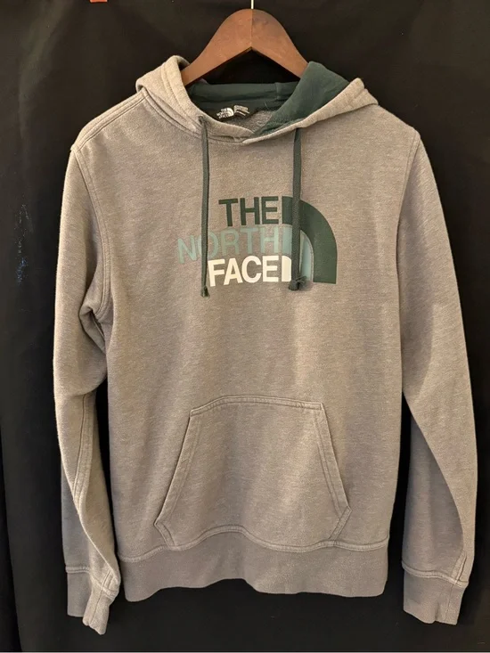 The North Face Hoodie Men’s S Gray Green Logo Pullover Fleece Fall 2017