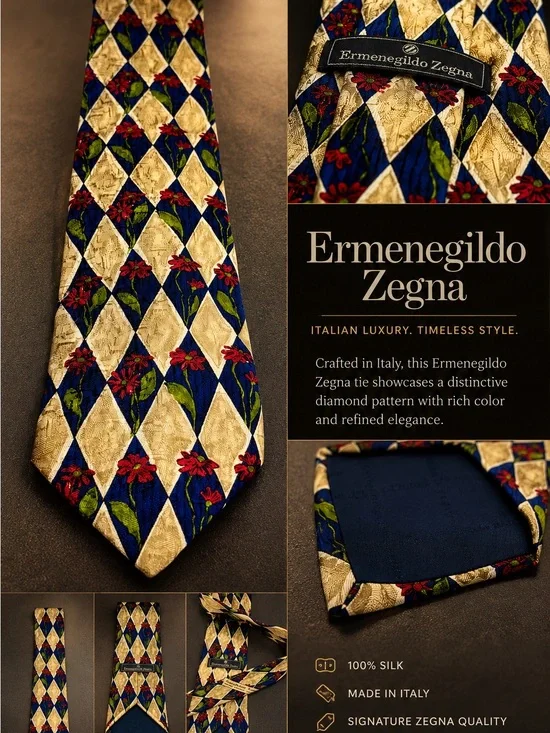 Ermenegildo Zegna Blue, Gold & Red Diamond Silk Tie