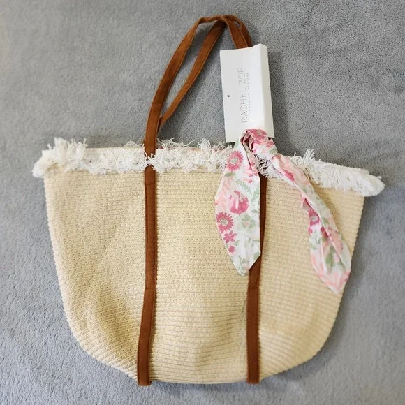 Rachel Zoe Bag Woven Raffia With Pink Floral Tie and Fringe Detail on Top