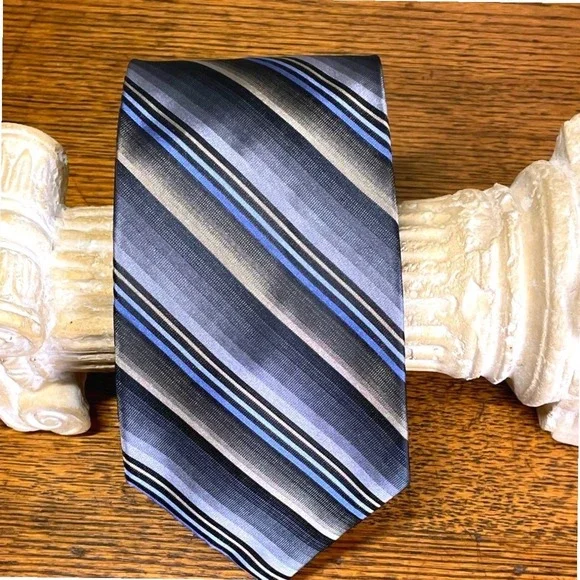 Joseph Feiss International Silk‎ Tie Striped Gray Blue Tan Men's Repp Necktie