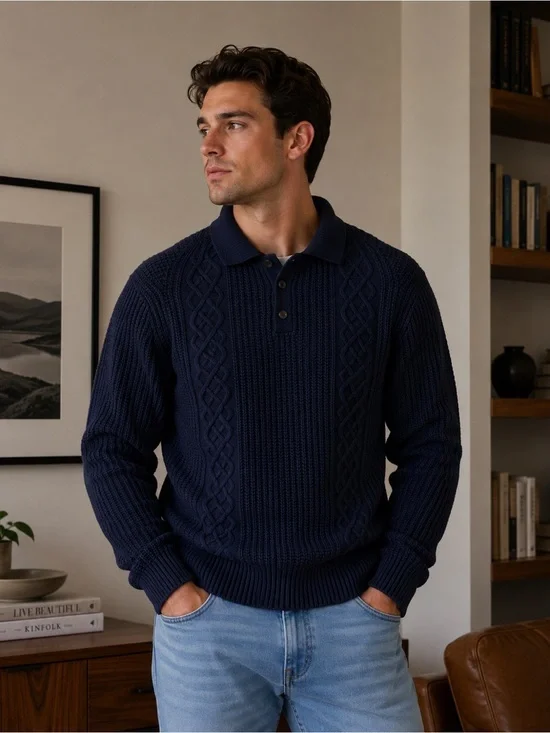 Banana Republic Navy Cable-Knit Crewneck Polo Sweater, size small