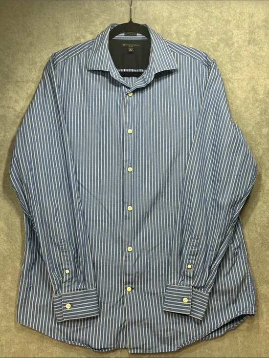 Banana Republic Men’s L 16-16.5 Fitted Blue Stripe Cotton Dress Shirt