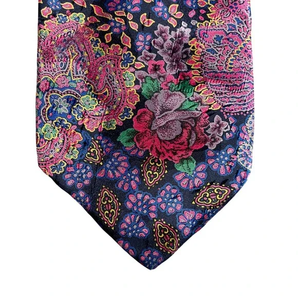 Vintage Silk Necktie Multi-Color Paisley Floral Pattern Pink Blue Purple 56 Inch