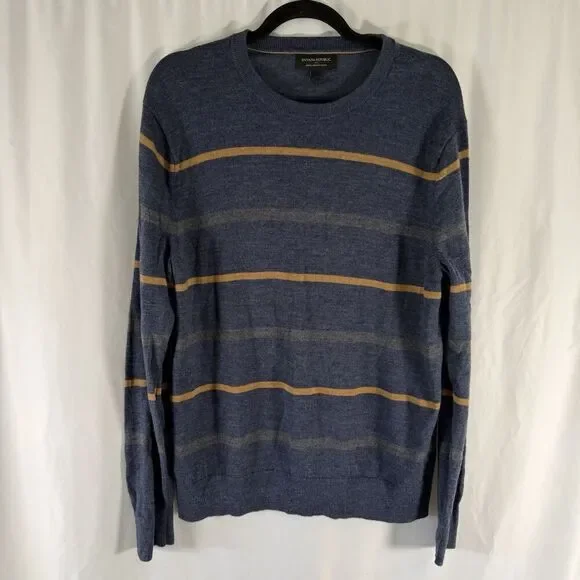 Banana Republic 100% Merino Wool Sweater Men's Large Blue Striped Knit Long Slv