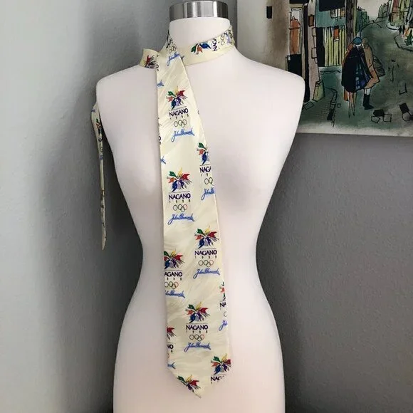 Vintage Nagano 1998 Olympics John Hancock Men's Silk Necktie Ivory Red Blue Tie