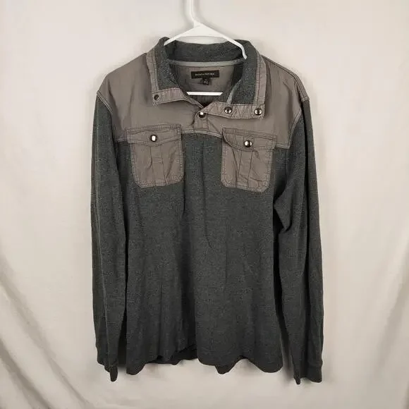 Banana Republic Sweater Mens XL Gray Collared Henley Chest Pockets Long Sleeve