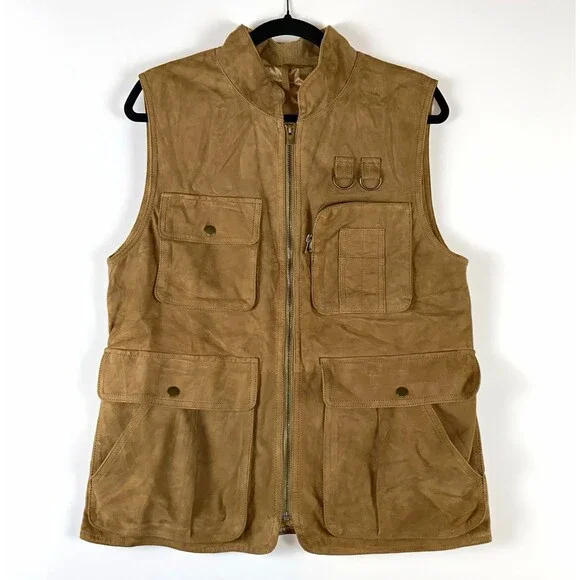 Banana Republic Men's Hunting Vest Tan Goat Suede M Full Zip Lined Multi-Pocket