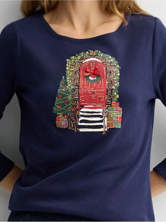 croft & barrow Navy Holiday Door Graphic top. Size XL. NWT.