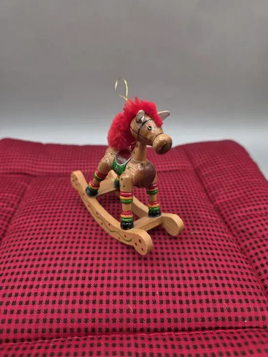 Vintage Wooden Rocking Horse Christmas Tree Ornament Hand Painted Folk Art Toy
