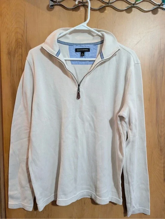 Banana Republic Cream Half-Zip Pullover with Gray Elbow Patches, Size M