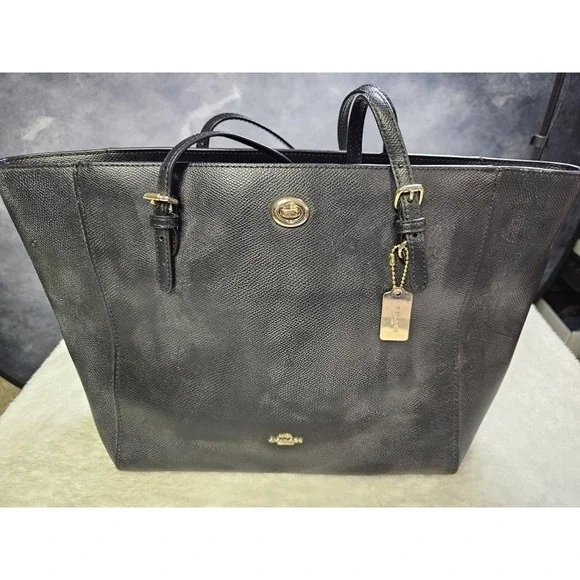 COACH Turnlock Large Tote Black Crossgrain Leather/ Gold Hardware Laptop WorkBag