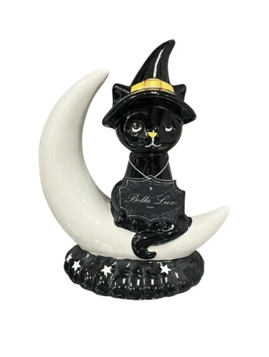 Bella Lux Halloween Black Cat Witch Crescent Moon Ceramic Figurine Decor