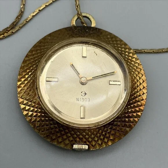 Vintage Elgin Pendant Pocket Watch Necklace Women 34mm Gold Tone New Battery