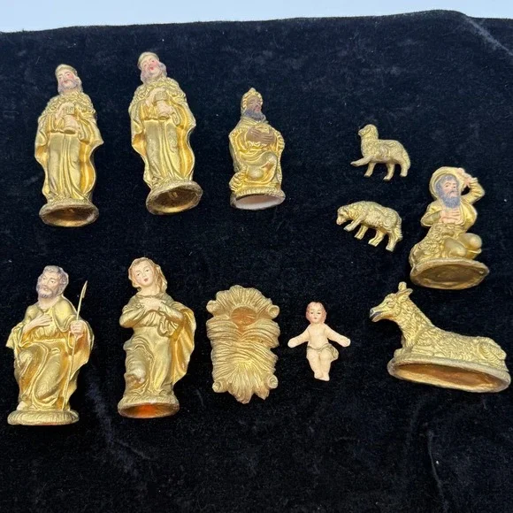 Vintage Gold Nativity Set 11 Piece Made in Italy hand painted Christmas MCM art