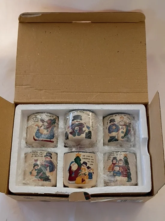 EUC Christmas Candle Crock Set Of 6 #285036 White And Red Santa Snowmen
