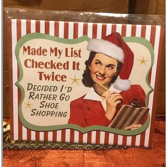 NWT NEW Retro Christmas Decor Metal Sign Made‎ My List Rather Go Shoe Shopping